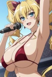 ai_generated armpits arms_up big_breasts bikini blue_eyes claire_harvey happy hundred microphone one_arm_up red_bikini