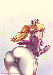 1girls anus_outline ass big_ass biker_clothes blonde_hair blue_eyes bodysuit breasts cameltoe cleavage clothed clothed_female clothing crown earrings elbow_gloves female female_only fully_clothed gloves hair human ittoryu24 looking_at_viewer looking_back mario_(series) mario_kart nintendo nipple_bulge no_bra no_panties presenting presenting_hindquarters princess_peach solo thick_thighs