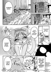 anthro comic english_text eyewear feline feline female glasses greyscale heart human human_on_anthro interspecies male mammal midori_(nakagami_takashi) monochrome nakagami_takashi penis pussy size_difference tagme text