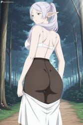 1girl ai_generated ass black_pantyhose bra breasts dangle_earrings digitalwaifugallery drop_earrings earrings elf forest frieren from_behind green_eyes grey_hair hair_over_shoulder hi_res high_quality high_resolution jewelry long_hair looking_back nature outdoors pantyhose parted_bangs patreon patreon_username pointy_ears seductive sexy skirt solo sousou_no_frieren tree twintails uncensored underwear undressing watermark white_bra white_hair white_skirt