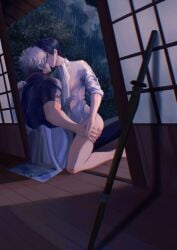 2boys black_hair bottomless detailed_background gay gintama gintoki_sakata hijikata_toshiro implied_sex male male_only night night_sky no_visible_genitalia rain raining shouji straddling thigh_grab vanishwine wet_clothes white_hair yaoi