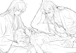3boys anal anal_sex baka_roll cum cum_in_ass cum_inside cum_on_body dual_persona erection finger_in_another's_mouth gay gintama gintoki_sakata kimono line_art long-haired_male long_hair looking_pleasured male male_only mmm_threesome monochrome nude nude_male on_back penis smile spread_legs teacher_and_student threesome utsuro_(gintama) yaoi yoshida_shouyo