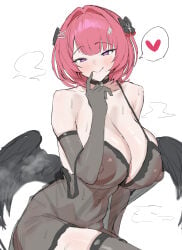 black_bow black_thighhighs black_wings bow breasts cleavage commentary_request hair_bow hair_intakes heart highres large_breasts looking_at_viewer medium_hair multiple_hair_bows nightgown nipples pink_hair puffy_nipples purple_eyes remielle_dan see-through_clothes see-through_nightgown simple_background smile sochin_douji solo spoken_heart thighhighs thighs white_background wings zenless_zone_zero