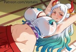 1girl :q ai_generated aqua_hair armpits arms_behind_head arms_up blush breasts curled_horns dutch_angle earrings green_hair groin hair_ornament hakama hakama_skirt horns huge_breasts indoors japanese_clothes jewelry kimono long_hair looking_at_viewer multicolored_hair multicolored_horns navel one_piece oni orange_eyes red_horns skirt sleeveless sleeveless_kimono smile solo stomach sweat tongue tongue_out vortalis white_hair yamato_(one_piece)