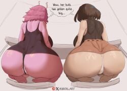 2girls ashido_mina ashido_mina_time-skip ass ausoh black_dress black_sweater boku_no_hero_academia brown_hair brown_skirt dress huge_ass mina_ashido mina_ashido_time-skip multiple_girls my_hero_academia ochaco_uraraka ochako_time-skip ochako_uraraka oroborus oroborusart pink_hair pink_skin post-timeskip short_hair sitting skirt sleeveless sleeveless_sweater sweater text thong thought_bubble underwear underwear_peek uraraka_ochaco