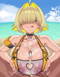1boy 1girls bangs_over_eyes blonde cum ejaculation elegg_(boom_and_shock)_(nikke) elegg_(nikke) goddess_of_victory:_nikke hiyoko_spot huge_breasts paizuri penis semen short_hair