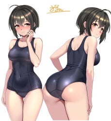 bent_over curvy embarrassed full-face_blush idolmaster idolmaster_cinderella_girls kohinata_miho large_ass medium_breasts multiple_views one-piece_swimsuit one_arm_up shy sukumizu swimsuit thick_thighs trefoil voluptuous wide_hips