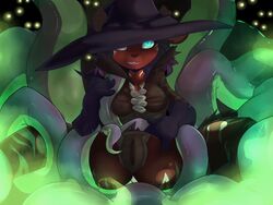 2016 anthro blue_eyes breasts canine claws clothed clothing detailed_background female fox fur hair halloween hat hi_res holidays jailbait_knight looking_at_viewer lying magic_user mammal night purple_hair pussy red_fur solo teeth tentacle witch witch_hat