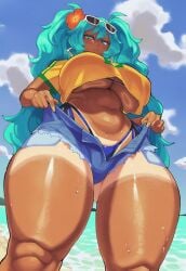 1girl ai_generated aqua_eyes aqua_hair ass_visible_through_thighs beach bikini blue_bikini blue_sky brazilian brazilian_female brazilian_miku clothes_lift clothes_pull cloud clouds cowboy_shot crop_top dark-skinned_female dark_skin denim_shorts eyewear eyewear_on_head frown glossy hatsune_miku highleg_bikini huge_ass huge_breasts knees looking_at_viewer low-angle_view naidoru ocean sand shiny_skin shore short_sleeves solo sunglasses sunglasses_on_head sweat sweatdrop tan_body tan_skin tanline tanlines thick_thighs underboob undressing vocaloid yellow_nails yellow_topwear