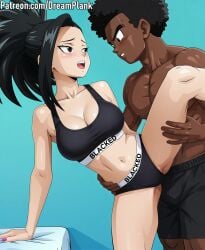 1boy 1girls ai_assisted ai_generated asian asian_female black_hair black_male_asian_female blacked blacked_clothing blush boku_no_hero_academia cleavage dark-skinned_male dreamplank edit grok interracial momo_yaoyorozu my_hero_academia one_leg_up open_mouth panties ponytail shorts sports_bra spreading_legs