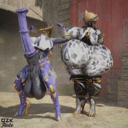 bbw big_ass big_breasts big_penis breasts bubble_butt cleavage cow_print female furry futa huge_ass huge_breasts huge_cock hyper_penis lips mesa_(warframe) nipples overweight penis pregnant qzk_forte tagme thick_thighs valkyr_(warframe) warframe wide_hips