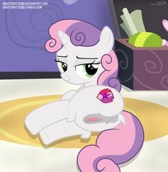 2016 anus ass box cutie_mark equine female feral friendship_is_magic green_eyes hair hi_res horn inside looking_at_viewer looking_back lying mammal multicolored_hair my_little_pony on_side presenting pussy shutterflyeqd smile solo sweetie_belle_(mlp) two_tone_hair unicorn young