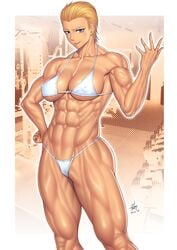 bikini blonde_hair blue_eyes breasts ero-chong fatal_fury female female_only geese_howard king_of_fighters muscles muscular_female navel rule_63 snk solo thong veins