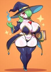 1girls big_breasts black_thighhighs blush book breasts cleavage detached_sleeves female female_only flame footwear full_body game_freak gardevoir green_hair hair hair_over_one_eye hat headwear heels high_heels hips holding_book holding_object huge_breasts legwear mage magic neckwear orange_background pokemon pokemon_(species) red_eyes revealing_clothes sigruku skimpy skimpy_clothes solo solo_female sparkles thick_thighs thighhighs thighs white_body white_skin wide_hips wizard_hat
