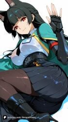 1girl ai_generated animal_ear_fluff animal_ears artist_name ass bangs black_footwear black_gloves black_hair black_skirt blunt_bangs boots braid breasts brown_pantyhose closed_mouth fingerless_gloves fox_ears gloves hand_up high_heel_boots high_heels hoshimi_miyabi jacket large_breasts long_hair looking_at_viewer lying necktie on_side pantyhose patreon pleated_skirt red_eyes see-through senpai_pixels sensitive shirt simple_background skirt smile solo wet wet_clothes wet_shirt white_background white_shirt zenless_zone_zero