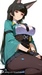 1girl ai_generated animal_ear_fluff animal_ears artist_name bangs black_footwear black_gloves black_hair black_pantyhose black_skirt blunt_bangs boots braid breasts closed_mouth fingerless_gloves fox_ears gloves high_heel_boots high_heels hoshimi_miyabi id_card large_breasts long_hair long_sleeves looking_at_viewer necktie pantyhose patreon pleated_skirt red_eyes seiza senpai_pixels sensitive shirt simple_background sitting skirt smile solo thighs underbust wet wet_clothes white_background zenless_zone_zero