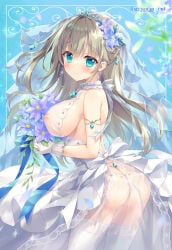 1girl ameto_yuki armpits bare_back bare_shoulders blonde_hair blush bouquet breasts breasts_out bridal_veil bride closed_mouth colored_skin covered_nipples dress flower gloves green_hair hair_between_eyes hair_flower hair_ornament jewelry lace lace-trimmed_dress lace_trim large_breasts long_hair looking_at_viewer melonbooks nipples original pointy_breasts ribbon see-through_clothes sideboob skirt sleeveless smile solo veil very_long_hair wedding_dress white_dress white_gloves white_skin