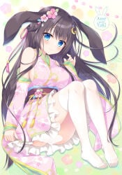 1girl ameto_yuki animal_ears bit_gag black_hair blue_eyes blush breasts floral_print flower gag hair_flower hair_ornament hairclip hakama hakama_skirt highres japanese_clothes kimono large_breasts long_hair looking_at_viewer original pink_kimono print_kimono rabbit_ears sideboob skirt smile solo thighhighs thighs wide_sleeves