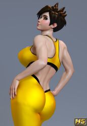 1girls 3d ass big_ass big_breasts blizzard_entertainment breasts brown_hair female female_only hagiwara_studio highres lena_oxton overwatch shiny_clothes short_hair solo sports_bra tagme thick_thighs tights tracer
