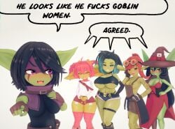 3d blue_eyes blue_highlights blush blushing blushing_at_viewer clothed_female dark_hair dialogue english_text face_paint female female_goblin female_only goblin goblin_female green_skin green_skinned_female group humanoid_female humanoid_pointy_ears koikatsu large_breasts leora_(kibix1) looking_at_viewer lustful_gaze meme naila_grazzle_(valera) nixi_(athighhighguy) pointing pointing_at_viewer purple_eyes red_eyes red_hair shortstack simple_background speech_bubble thick_thighs trixie_(huffslove) white_devils_"agreed" witchanon