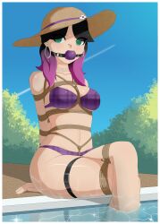 1girls arms_behind_back ball_gag bikini bikini_bottom bikini_top bondage bound bound_arms bound_legs cant1ndausername cleavage crotch_rope earrings female female_only femsub gag gagged outdoors pool poolside revealing_clothes rope water