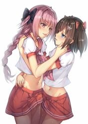 2boys astolfo_(fate) bangs black_bow blue_eyes blush bow braid brown_hair commentary_request crossdressing cum erection erection_under_clothes eye_contact eyebrows_visible_through_hair fate/apocrypha fate_(series) femboy hair_intakes hairbow hand_on_another's_face highres hug long_hair looking_at_another midriff multiple_boys navel neckerchief original pink_hair pink_neckerchief pleated_skirt red_bow red_skirt saliva saliva_trail school_uniform serafuku shirt short_sleeves single_braid skirt standing sweat tongue tongue_out twintails weiyinji_xsk white_shirt yaoi