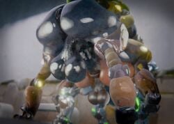 3d alternate_angle anal black_skin brown_skin cyborg donut_anus futa_on_futa futa_only futanari glossy highres horse horse_girl horsecock huge_balls huge_cock low-angle_view orisa overwatch reindeer_orisa sex sweat sweaty thick_thighs wide_hips
