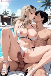 1boy 1girl ai_generated beach beach_umbrella bikini bikini_aside blonde_hair blue_sky blush breasts censored cleavage closed_eyes edens_zero erection eyewear_on_head french_kiss hetero hi_res high_heels high_quality high_resolution jewelry kiraamane kiss large_breasts long_hair navel nipples open_mouth palm_tree patreon penis pool pussy rebecca_bluegarden saliva sandals seductive see-through sex sexy sky spread_legs sunglasses sweat swimsuit toenail_polish tree umbrella uncensored watermark white_bikini white_swimsuit