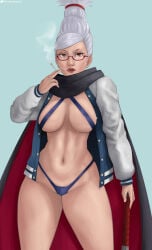 1girls areola_slip areolae ayase_seiko big_breasts breasts cigarette dandadan female gilf glasses large_breasts mature_female rebertyspice skimpy smoking solo white_hair