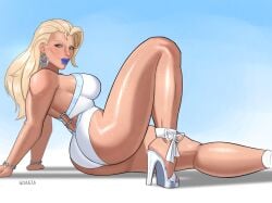 1girls ass bikini blonde_hair emma_frost emma_frost_(marvel_rivals) emma_frost_(white_wave_queen) ghasta hi_res high_heels high_resolution legs light-skinned_female looking_at_viewer marvel marvel_rivals muscular_female solo sweat sweatdrop sweating sweaty thick_thighs