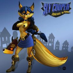 60fps ai-created ai_generated animated boots breasts brown_eyes carmelita_fox crop_top_lift dark_nipples fox_tail furry furry_female lipstick official_style open_jacket skirt sly_cooper_(series) standing tagme undressing video weapon