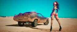 1girls ass big_ass brown_hair car female female_only glossyheat hilda_(pokemon) jean_shorts platform_heels pokemon solo