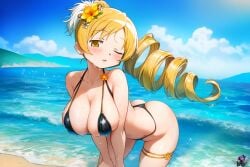 1girl accessory ai_generated artist_logo beach bent_forward big_boobs big_breasts bikini boobs breasts drill_hair flower flower_in_hair front_view hair_ornament hi_res long_ponytail looking_at_viewer madoka_worship magical_girl mahou_shoujo_madoka_magica ocean ocean_background ponytail puella_magi_madoka_magica summer thigh_strap thong thong_bikini tomoe_mami wet wet_skin wink winking_at_viewer yellow_eyes yellow_hair