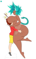 ass big_breasts blue_hair breasts female fox_ears head_between_breasts male tail