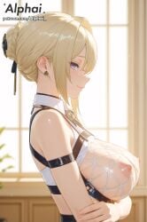 1girl 2025 2026 4k absurd_res absurdres ai ai-created ai-generated ai_art ai_assisted ai_generated alphai arms_crossed beauty_mark_under_eye blonde_hair blushing boob_cutout cinematic_lighting close-up colorful_background depth_of_field detailed_hair detailed_skin detailled_background dramatic_shadows evelyn_chevalier eyelashes eyeliner female_face hair_bun high_quality high_resolution highres large_breasts looking_at_viewer naughty_face nipples particles patreon patreon_link patreon_url patreon_username profile purple_eyes raised_eyebrows seductive_eyes shiny_skin side_angle side_view skindentation solo volumetric_lighting watermark white_background