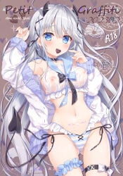 1girl ameto_yuki arm_up armpits ass_visible_through_thighs bare_shoulders bikini bikini_bottom_only black_choker blue_eyes breasts candy chocolate choker covered_nipples crop_top demon_horns demon_tail food frilled_shirt frilled_thigh_strap frills grey_hair hand_up heart heart-shaped_chocolate heart-shaped_food highres horns jacket long_hair long_sleeves looking_at_viewer medium_breasts melonbooks mouth_hold navel nipples nipples_visible_through_clothing no_pants off_shoulder open_clothes open_jacket original sailor_collar see-through_clothes shirt side-tie_bikini_bottom sleeveless sleeveless_shirt solo standing stomach string_bikini striped_bikini striped_clothes swimsuit tail thigh_strap thighs very_long_hair white_jacket white_shirt