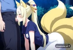 1girl ai_assisted ai_generated anime_screencap big_butt blonde_hair blowjob blue_shirt blush clothed clothing couple deep_throat fellatio female forehead fox_ears fox_tail from_side girl girly green_eyes hair_ornament high_ponytail kneeling long_hair multiple_tails night night_guard oral orange_eyes outdoors short_hair small_breasts spreading_legs squating sucking_penis white_leggings whore younger_female
