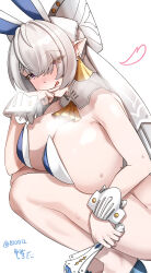 1girl 810d12 absurdres alternate_costume animal_ear_hairband animal_ears ascot blue_leotard blush breasts commentary_request earrings fake_animal_ears folded_fan folding_fan from_side grey_hair hair_over_one_eye hairband hand_fan highres holding holding_fan huge_breasts jewelry leotard licking_lips long_hair looking_at_viewer mole mole_on_breast playboy_bunny pointy_ears purple_eyes rabbit_ear_hairband rabbit_ears sideboob solo squatting strapless strapless_leotard sweat tongue tongue_out velina_airgid white_background white_wrist_cuffs wrist_cuffs yellow_ascot zenless_zone_zero