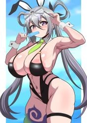 areola_slip armpit blue_popsicle curvy fate/grand_order fate_(series) female female_only food_in_mouth huge_breasts huyan_zhuo_(fate) huyan_zhuo_(swimsuit_berserker)_(fate) muscular muscular_female onakaitaiyo popsicle_in_mouth thick_thighs toned voluptuous wide_hips