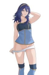 1girls absurdres arm_behind_head arm_up armpits bare_arms bare_shoulders blue_eyes blue_hair brand_of_the_exalt breasts collarbone female female_only fire_emblem fire_emblem_awakening grin highres lucina_(fire_emblem) nintendo panties panty_pull pomelomelon small_breasts smile solo spaghetti_strap symbol-shaped_pupils thighs tiara underwear undressing white_background white_panties