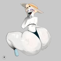 1boy ass_focus big_ass bikini full_body hazbin_hotel lucifer_morningstar_(hazbin_hotel) male male_only sexy simple_background smile solo solo_focus sweat sweaty_ass thick_thighs