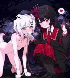 black_beret black_hair black_hat blush blushing clothed_female_nude_female collar dog_tail female hat heart_symbol leash mahou_shoujo_no_majo_saiban nikaido_hiro nipples petplay pink_eyes red_collar red_eyes sakuraba_ema saliva small_breasts speech_bubble tears white_hair