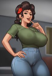 1girls 2d 2d_(artwork) ai_assisted ai_generated big_breasts breasts brown_hair brunette cameltoe casual casual_clothes clothed clothing curvaceous curvaceous_female curvaceous_figure curves curvy curvy_body curvy_female curvy_figure curvy_hips digital_drawing_(artwork) digital_media_(artwork) female female_focus female_only flower flower_in_hair hand_on_hip hand_on_waist horny horny_female jeans light-skinned_female light_skin looking_at_viewer maria_(summertime_saga) pussy pussy_lips pussy_visible_through_clothes shirt showing_off smiles smiling summertime_saga thick_thighs vagina