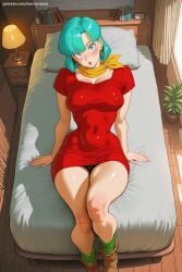 1girl :o ai_generated aqua_hair bangs bed bedroom blush boots breasts bulma bulma_briefs couch covered_navel covered_nipples curvy dragon_ball dress earrings hi_res high_quality high_resolution indoors jewelry large_breasts looking_at_viewer panties pantyshot patreon pillow savvyraexo seductive sexy short_dress short_sleeves sitting solo taut_clothes thick_thighs thighs uncensored underwear watermark