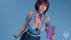 1girls 3d 3d_(artwork) 3d_render absurd_res absurdres bare_shoulders beautiful_woman belted_skirt beltskirt black-haired_female black_hair blue_background blue_eyes choker cleavage collarbone content_smile dead_or_alive fede1407 female_focus female_only happy_female high_resolution holding_pen huge_breasts massive_breasts mature_woman miniskirt mole nozomi_(doa) purple_bra purple_fingernails short-haired_female short_skirt simple_background skirt tight_skirt