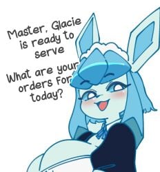 1girl 1girls 2026 2d_(artwork) anthro anthro_only big_eyes blue_body blue_fur blue_hair blushing blushing_at_viewer blushing_female boobs breasts clothes clothing cute digital_drawing_(artwork) digital_media_(artwork) eeveelution female female_only female_pokemon game_freak generation_4_pokemon glaceon hi_res highres ice_type looking_at_viewer maid_headdress maid_outfit maid_uniform mochichi nintendo pokemon pokemon_(species) sexy solo solo_female text white_background