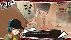 2girls 3d atlus baseball_cap blush cunnilingus dialogue female female/female female_only game_ui glasses haru_okumura leg_lock leg_lock_cunnilingus nobodyrly_(artist) orange_hair persona persona_5 persona_5_scramble:_the_phantom_strikers sakura_futaba saliva_trail text yuri