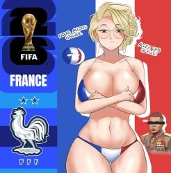 1girls abs atomika big_breasts bikini bikini_bottom bikini_top blonde blonde-haired_female blonde_female blonde_hair blonde_hair_female blue_eyes blush breasts cleavage clothed clothing countryballs countryhumans countryhumans_girl countryhumans_oc earrings female female_focus female_only fifa football france france_(countryhumans) french french_female french_flag french_flag_bikini glasses hips kylian_mbappe light-skinned_female light_skin national_personification pinup polandball pushing_breasts_up short_hair smile smiling smiling_at_viewer smirk smirking smirking_at_viewer soccer thigh_gap thighs world_cup