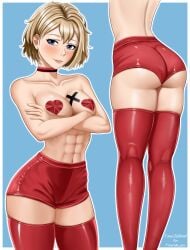 abs azov_chan blonde blonde_female blonde_hair blue_eyes blush booty choker covered_nipples crossed_arms jolibond latex latex_clothing marichka model_sheet muscular muscular_female sexy_body sexy_pose stockings ukrainian ukrainian_girl ukrainian_insurgent_army_flag