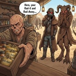 1monster 2boys ai_generated deathclaw dovahkiin english english_text fallout fallout_(series) fallout_new_vegas ghoul ghoul_(fallout) humor monster ncr_ranger_(fallout) the_courier_(fallout)